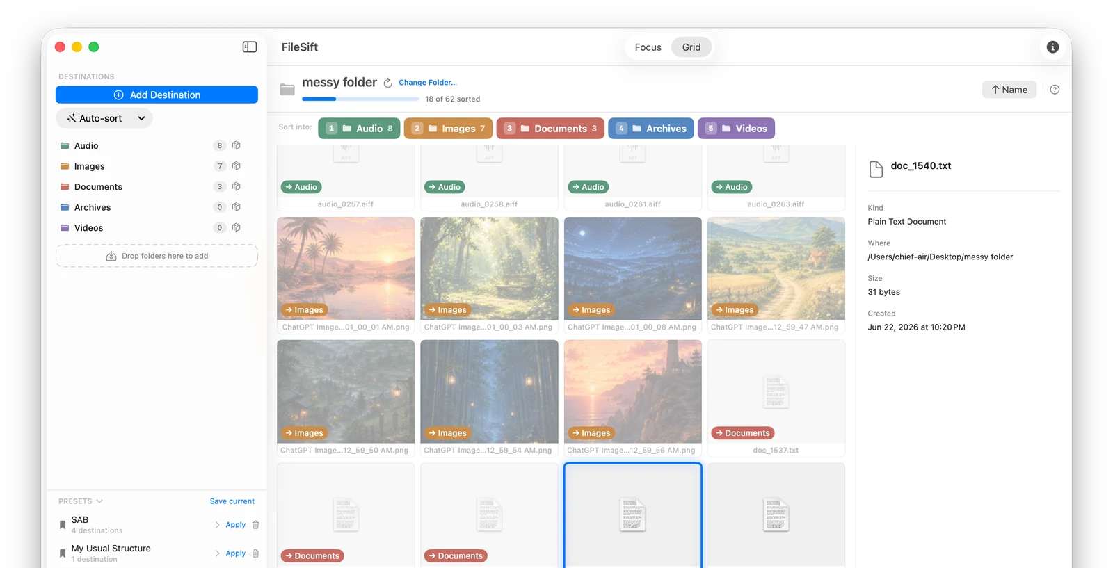 FileSift in Grid view — files shown as a grid of thumbnails, a selected group about to be sorted in one move